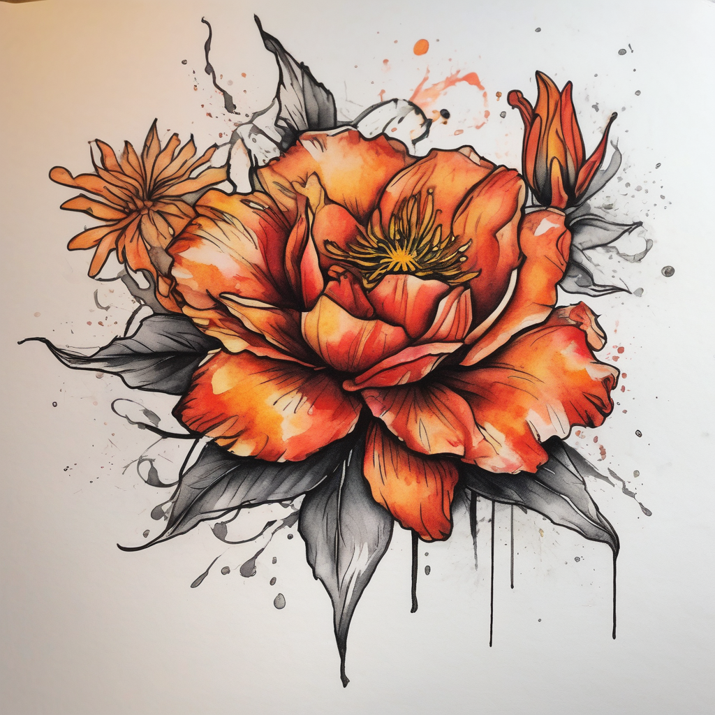 a colorful, vibrant, watercolor tattoo with one red rose, one orange lily, one gold marigold, and one orange cosmos flower and with splashes of color second skin tattoo, AI-generated Sketch tattoo design